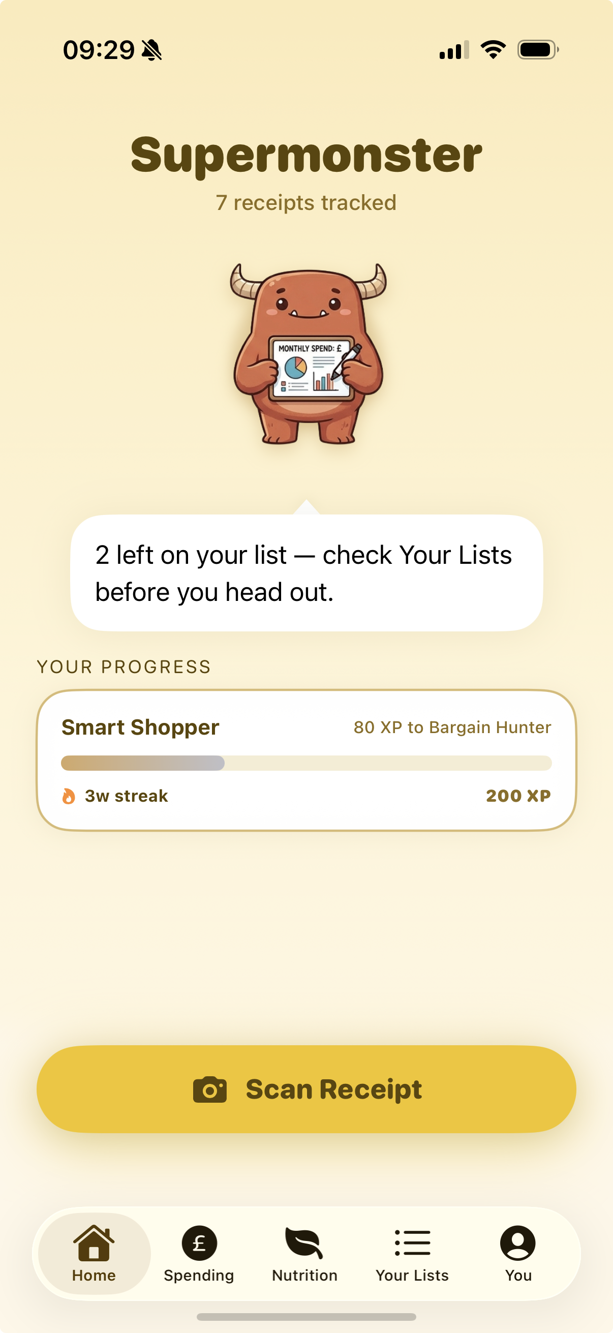 Supermonster home screen with monster, progress and one-tap photo capture