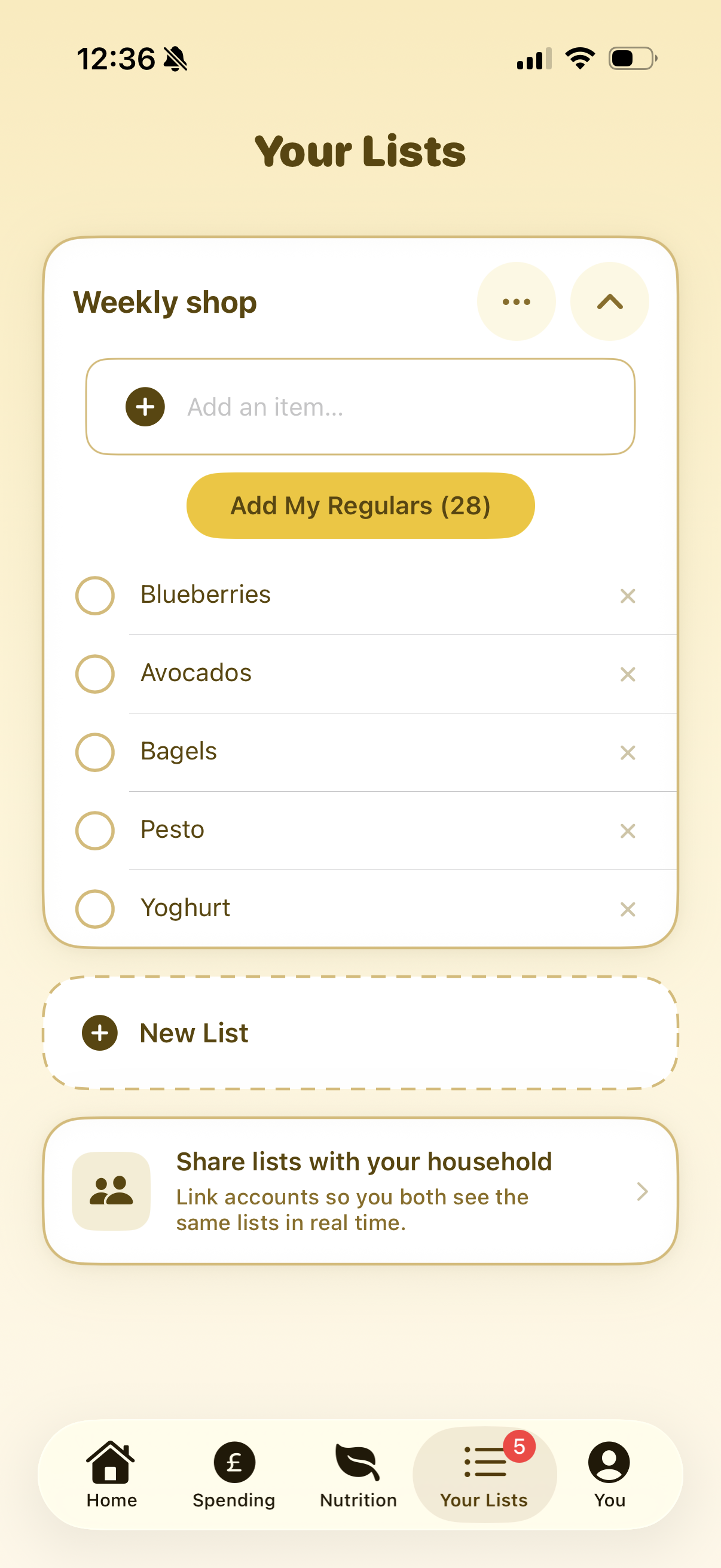 Shopping lists with weekly shop items and household sharing
