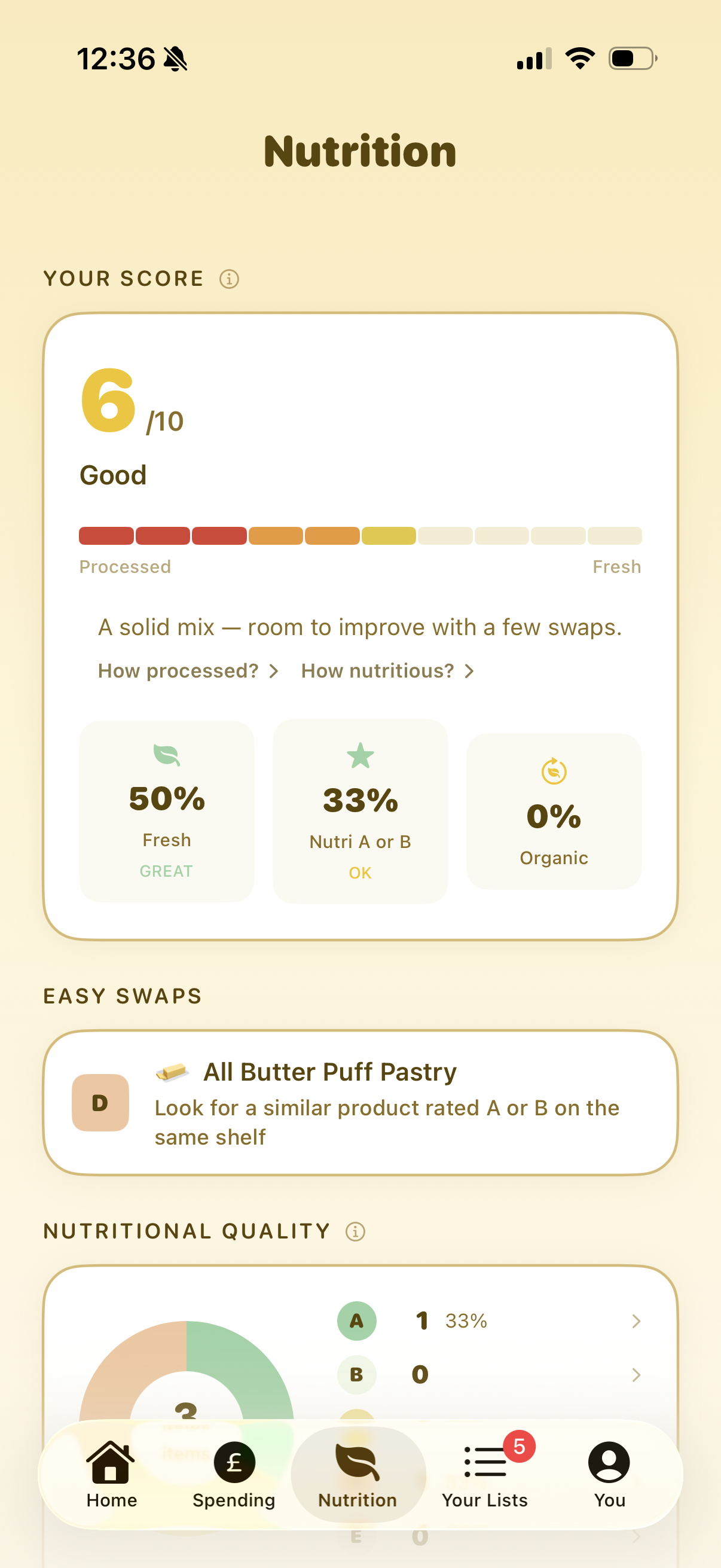 Nutrition tab showing health score, processing bar and swap suggestions