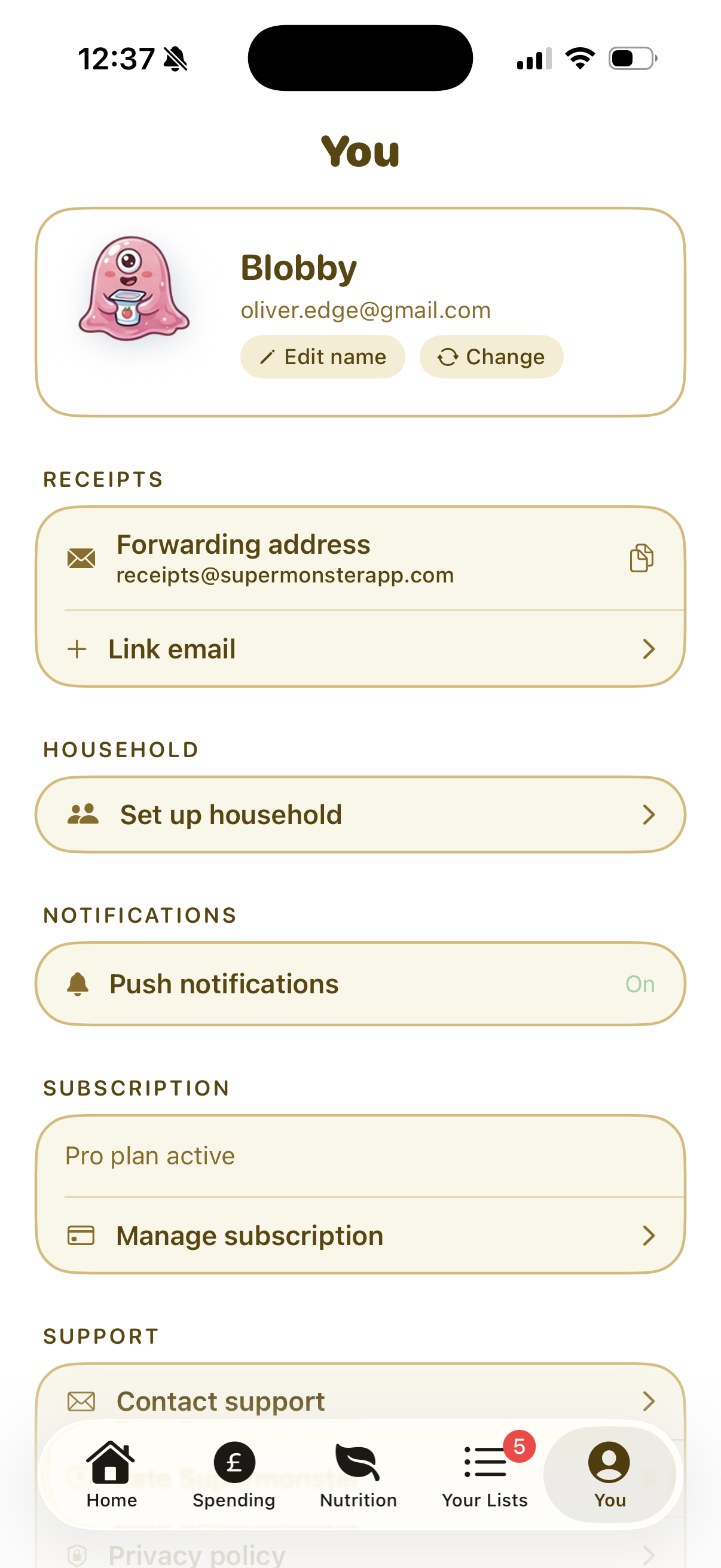 Profile and settings screen with household and subscription options
